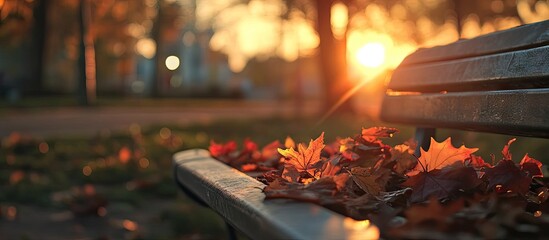 Poster - Colorful autumn leaves scattered on a park bench with a golden sunset casting warm light in the background creating a serene and inviting atmosphere