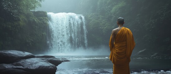 Aufkleber - Serene Buddhist monk in saffron robes stands by tranquil waterfall surrounded by lush greenery under soft misty light creating peaceful ambiance