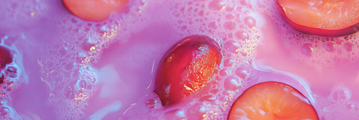 Poster - Lavender milk with plum ripples and fresh plum slices in a vibrant presentation