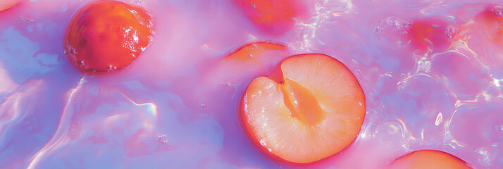 Poster - Lavender milk swirls with plum as sliced plums float on top in a colorful display