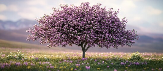 Leinwandbilder - Blossoming cherry tree in full bloom against a soft blurred background of pastel spring colors with mountains in the distance.