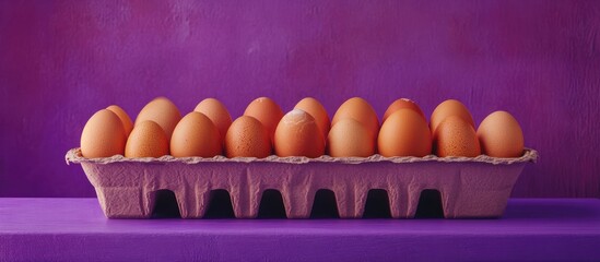 Aufkleber - Wooden carton filled with brown eggs positioned on a vibrant purple background creating a striking visual contrast with earthy tones of the eggs.
