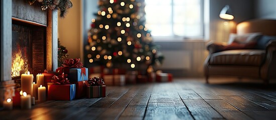 Poster - Cozy Christmas room featuring a glowing tree with colorful bokeh lights, warm candles by the fireplace, and neatly wrapped gifts on wooden floor.