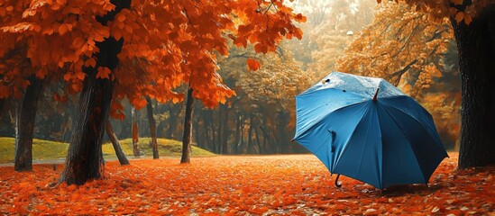 Aufkleber - Vibrant autumn scene featuring a blue umbrella amidst orange and yellow leaves on the ground in a serene park setting with trees.