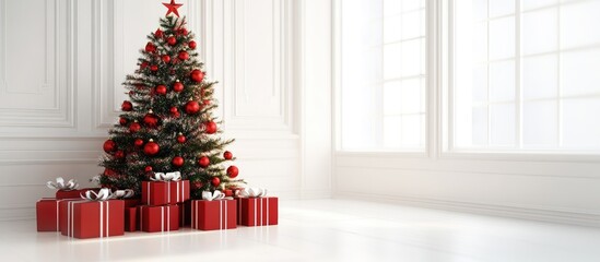 Poster - Christmas tree decorated with red ornaments and star surrounded by red gifts in bright white room with large windows and elegant molding.