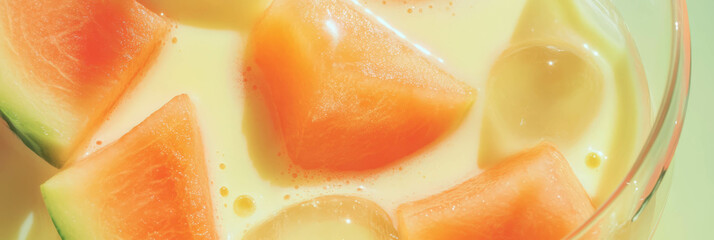 Poster - Light cream milk blended with fresh melon slices in a vibrant top view arrangement