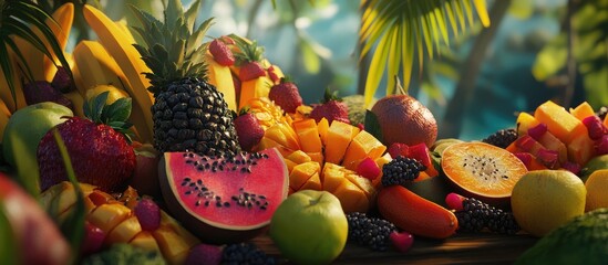 Poster - Vibrant tropical fruit arrangement with watermelon, mango, and papaya nestled among greens, showcasing rich colors and health benefits in a natural setting.