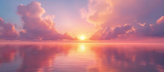 Aufkleber - Serene sunrise over calm waters with soft pastel pink and purple clouds reflecting in the smooth surface creating a tranquil ocean atmosphere.
