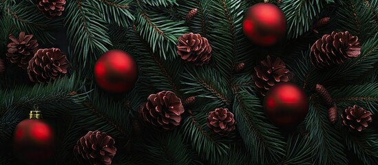 Poster - Vibrant red baubles and natural pine cones nestled among lush green Christmas tree branches creating a festive holiday atmosphere