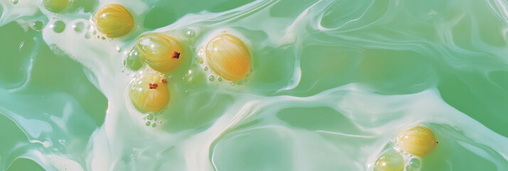 Poster - Light green milk swirls with juicy gooseberry berries from a top view perspective