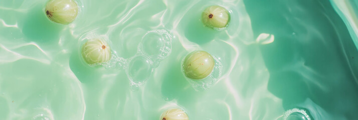 Poster - Light green milk with floating gooseberries creating a vibrant rippled effect