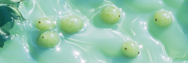 Poster - Light green milk with gooseberries floating and rippling in a refreshing top view