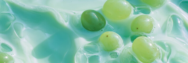 Poster - Light green milk mixed with fresh grape halves creates a unique beverage experience