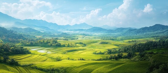 Poster - Birds eye view of lush green rice fields on rolling hills under a bright blue sky with fluffy clouds creating a serene landscape atmosphere