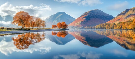 Aufkleber - Vibrant autumn landscape with colorful trees reflecting on calm lake water under a clear sky and distant mountains showcasing nature's beauty