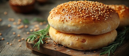 Poster - Golden brown bread garnished with sesame seeds and lentils on a wooden board with green herbs in the background, showcasing a rustic culinary presentation.