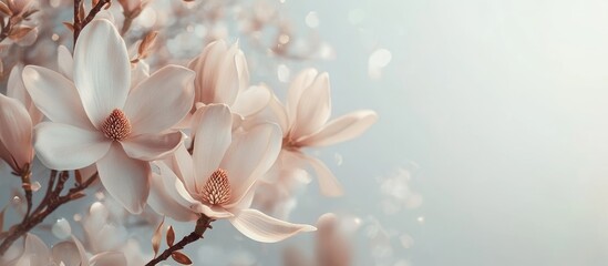 Aufkleber - Soft pink magnolia flowers in full bloom on a delicate pale blue background with gentle light, creating a serene and elegant floral composition.