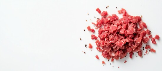 Aufkleber - Chopped red minced meat on a plain white background with scattered black pepper highlighting its fresh texture and color contrast.