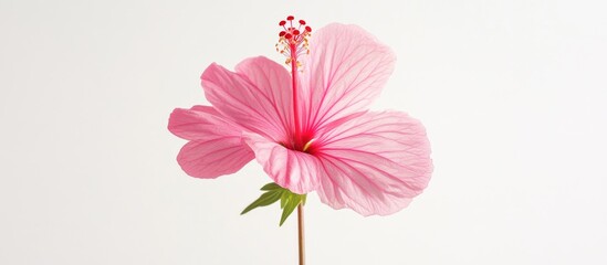 Aufkleber - Delicate pink hibiscus flower with vibrant petals and subtle green leaves against a clean white background showcasing spring's natural beauty