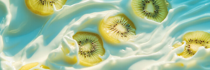 Poster - Delicious light yellow milk with sliced yellow kiwi creating beautiful ripples and patterns