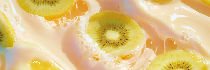 Poster - Delicious light yellow milk mixed with fresh yellow kiwi slices on a soothing background