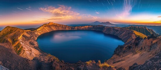 Aufkleber - Majestic volcano crater lake illuminated by twilight hues with vibrant star trails in a deep blue sky and rugged golden foreground at dusk.