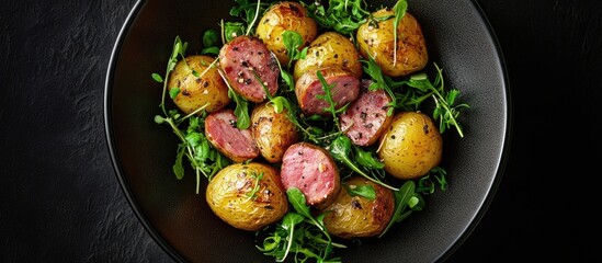 Aufkleber - Baked small potatoes with garlic and ham on fresh green lettuce and microgreens in a bold black bowl viewed from above with dark background
