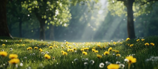Fototapete - Pristine forest lawn featuring vibrant fresh grass and bright yellow dandelions in the foreground against a soft defocused natural background.
