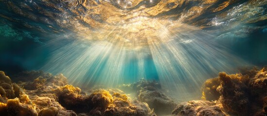 Poster - Sunlight filters through clear ocean water illuminating vibrant blues and earthy tones of ocean floor with dramatic rays creating a serene underwater scene