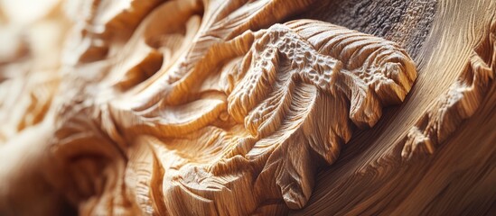 Poster - Intricate wooden carving detail showing finely crafted leaves and textures in warm brown tones, highlighting craftsmanship in close-up format.
