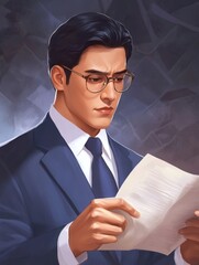 Poster - Businessman in a suit reading a document with a serious expression in a modern office background