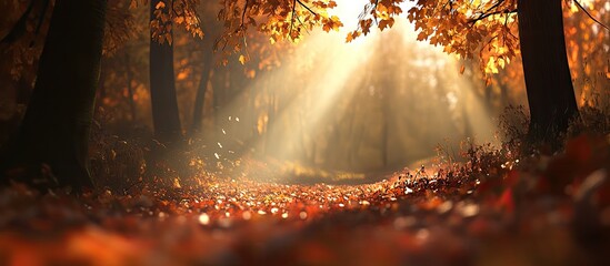 Fototapete - Golden autumn leaves scattered on a sunlit forest floor with soft blurred trees in warm orange and brown hues creating a tranquil fall atmosphere