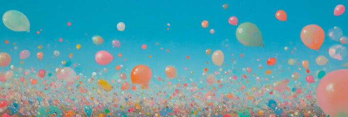 Poster - Colorful balloons create vibrant mosaic in clear blue sky over fields