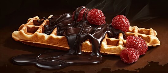 Poster - Belgian waffles topped with rich chocolate sauce and fresh raspberries on a dark background highlighting golden and deep brown hues.