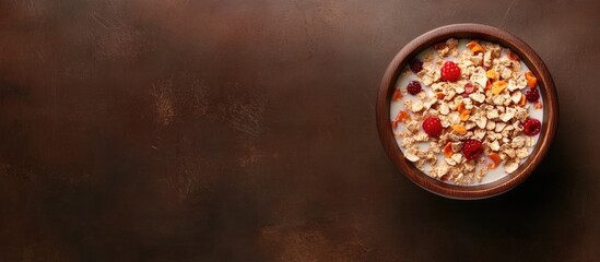Aufkleber - Cereal with milk topped with fresh strawberries and raspberries in a dark wooden bowl on a textured brown background viewed from above
