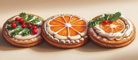Aufkleber - Festive cookies decorated with orange slices and cream, featuring green leaves and red berries, arranged in a delightful horizontal row.