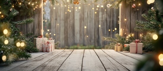 Aufkleber - Rustic Christmas setup featuring a natural wood backdrop with defocused lights, fir branches, and gift boxes arranged in a cozy scene.