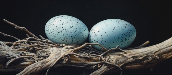 Poster - Elegant blue speckled bird eggs resting on a rustic branch against a dark background, creating a tranquil and sophisticated artful ambiance.
