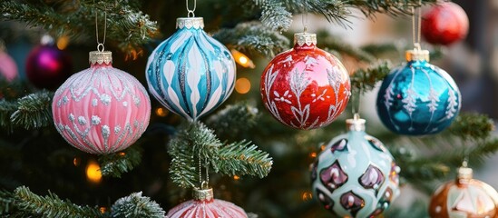 Poster - Colorful Christmas ornaments hanging on green tree branches with soft golden lights creating a festive ambiance, pink, red, blue, and teal decorations.
