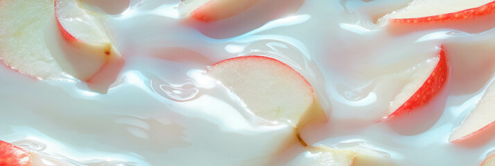 Poster - Sliced apple resting on a milky white surface with delicate ripples of cream