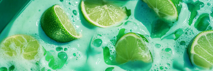 Poster - Mint green milk with lime ripples and wedges creating a refreshing drink experience