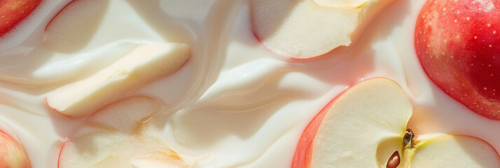 Poster - Fresh apple slices and ripples on a smooth milky surface create a serene composition