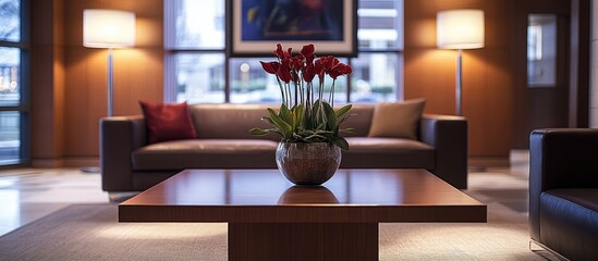 Poster - Stylish lounge area with a modern table centerpiece and vibrant red flowers, cozy sofas, soft lighting, and a warm brown color palette.