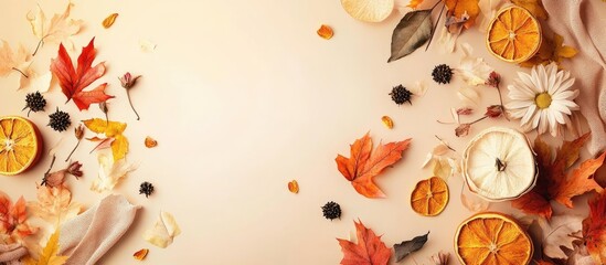 Poster - Autumn flat lay featuring dried orange slices, wildflowers, and colorful leaves on a soft beige background with cozy scarf elements adding warmth.