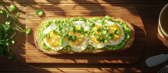 Aufkleber - Avocado toast topped with egg whites and pea shoots on a wooden board, vibrant green colors with natural light highlighting fresh ingredients.
