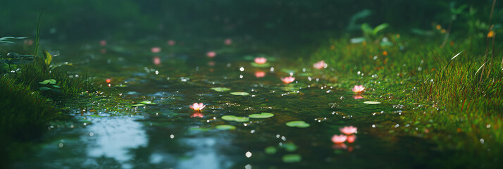 Poster - Moss green water with reflections of plants under soft lighting and gentle ripples