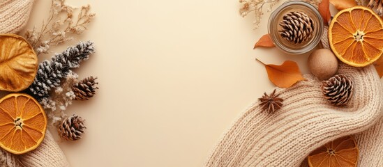 Poster - Autumn flat lay featuring warm beige background with dried orange slices, wildflowers, and cozy scarf elements in soft browns and oranges.