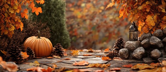 Poster - Autumn garden scene featuring a vibrant orange pumpkin, pinecones, and scattered leaves on a stone pathway with a lantern in soft focus background