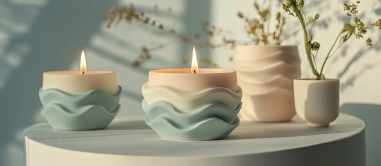 Aufkleber - Warm lit candles in wavy ceramic holders displaying soft turquoise and cream colors placed on a light round table with subtle flower accents
