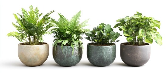 Poster - Vibrant lush green plants in classic ceramic pots arranged side by side highlighting rich textures and colors on a clean white background